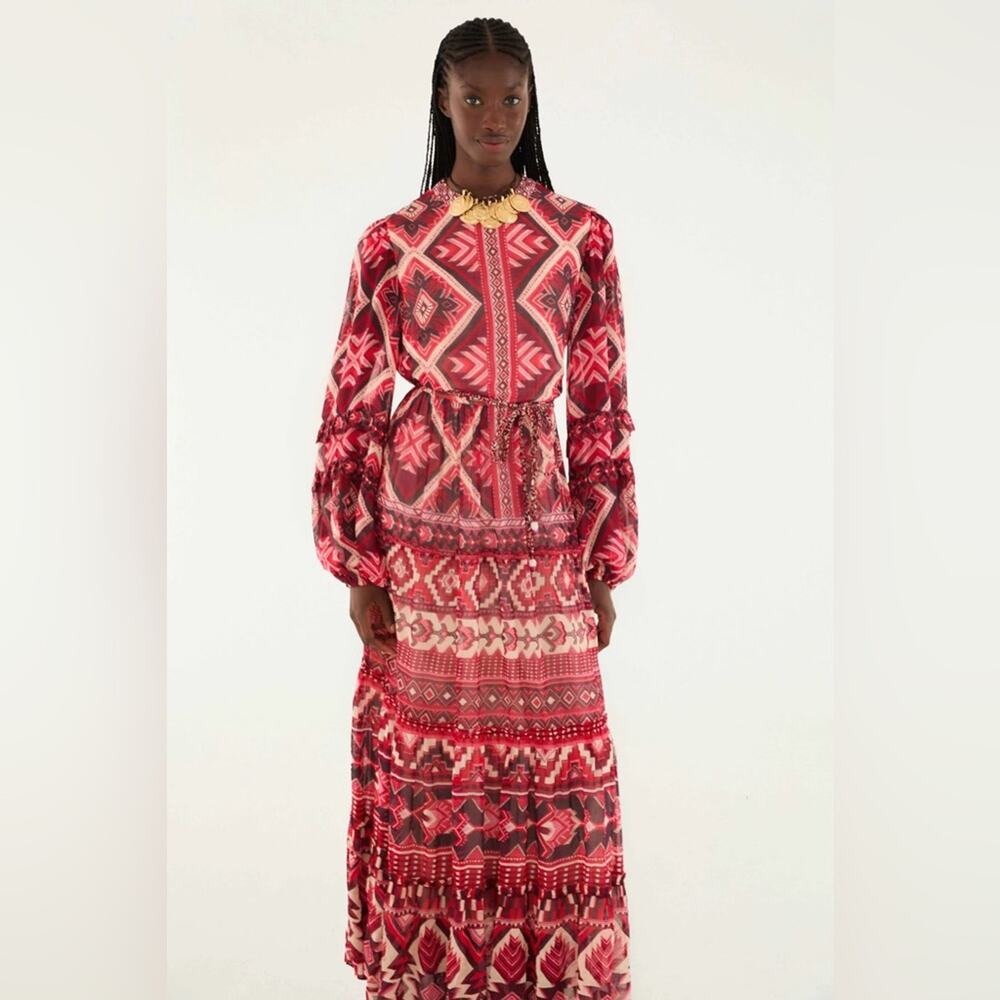 Farm Rio Red Graphic Ainika Belted Tiered Maxi Dress XL - Picture 7 of 9